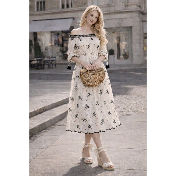 Zara Dresses & Skirts - Zara Ecru off the shoulder Midi eyelet Dress S milkmaid Cottage tassels TRF